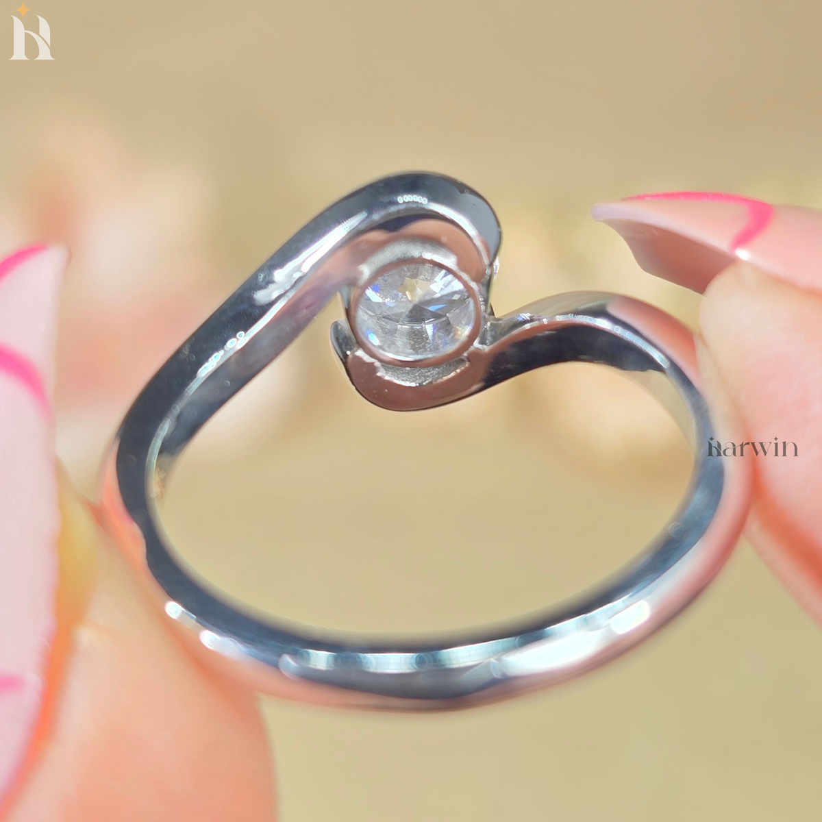Round Cut Moissanite Solitaire Ring, Bypass Shank & Prong Set, Minimal Gold Ring