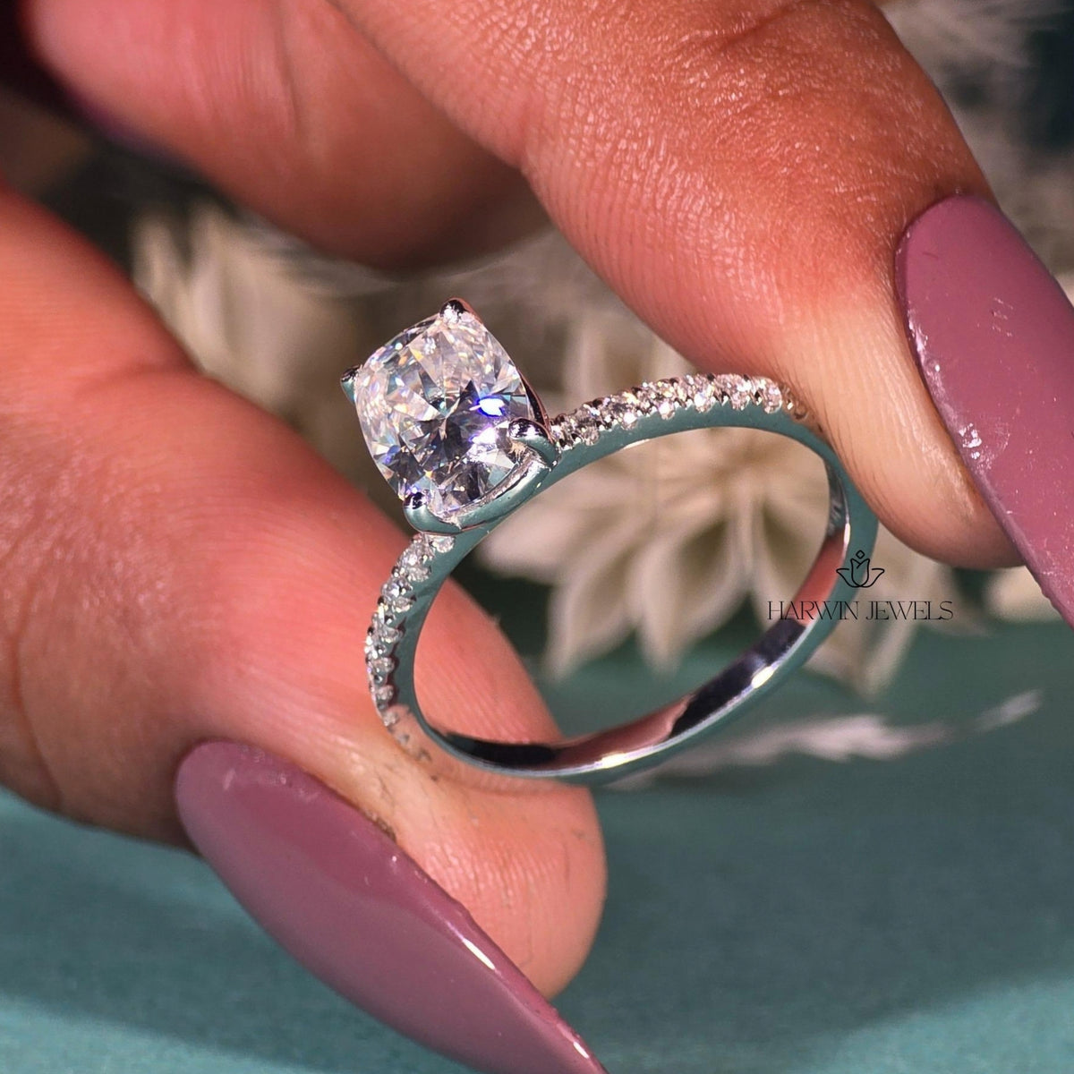 3 CT Cushion Cut Moissanite Engagement Ring, Half Pave Set And Hidden Halo Ring