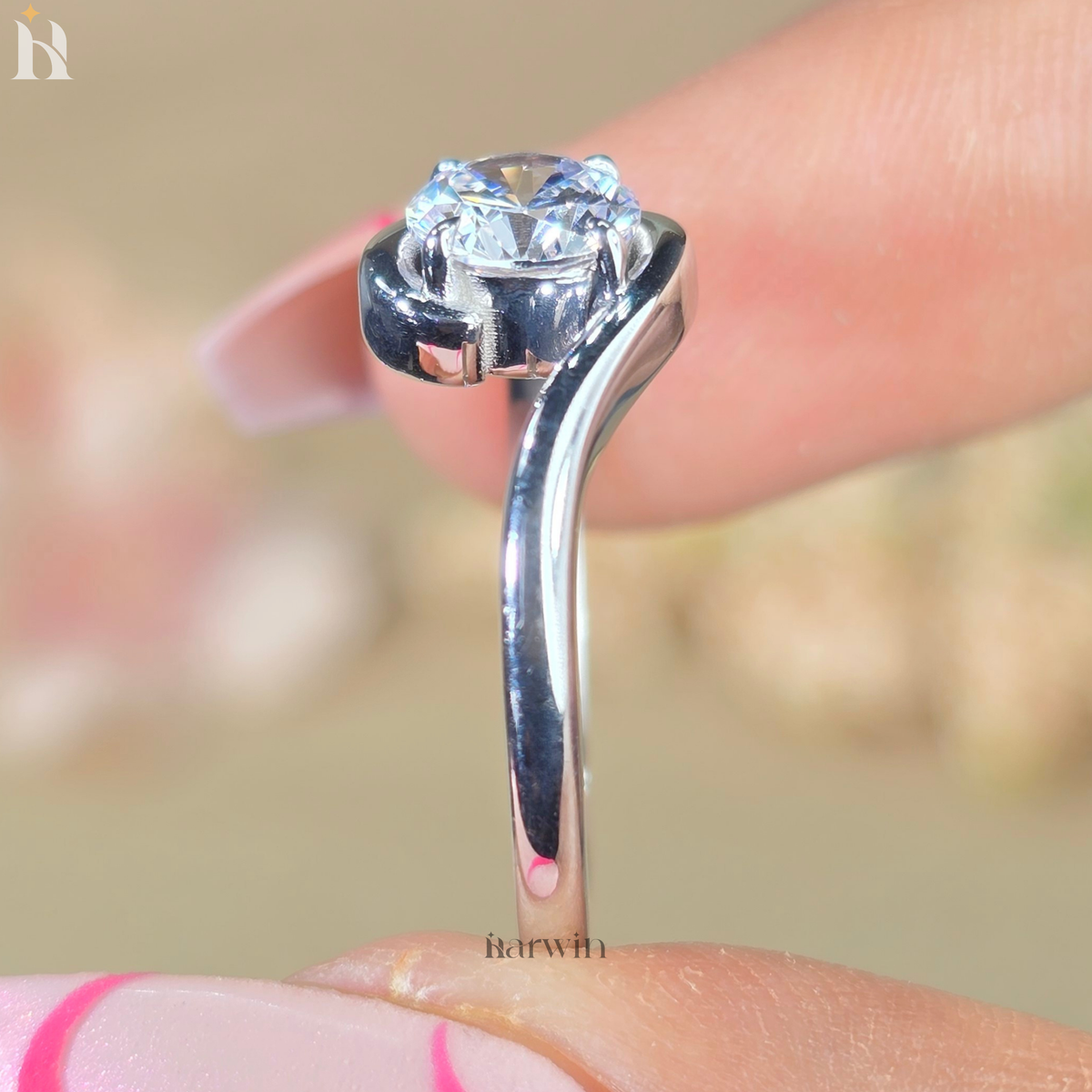 Round Cut Moissanite Solitaire Ring, Bypass Shank & Prong Set, Minimal Gold Ring
