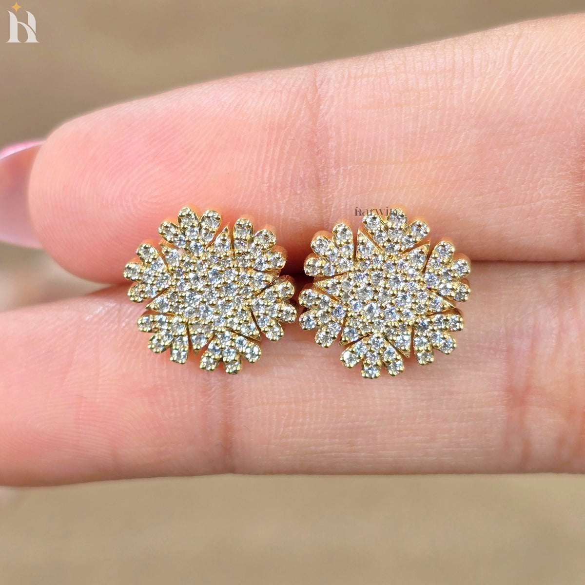 Round Cut Diamond Floral Cluster Stud Earrings, Sunburst Moissanite Flower Earrings