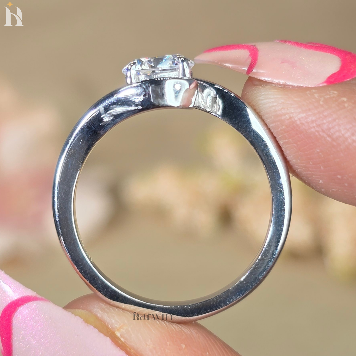 Round Cut Moissanite Solitaire Ring, Bypass Shank & Prong Set, Minimal Gold Ring