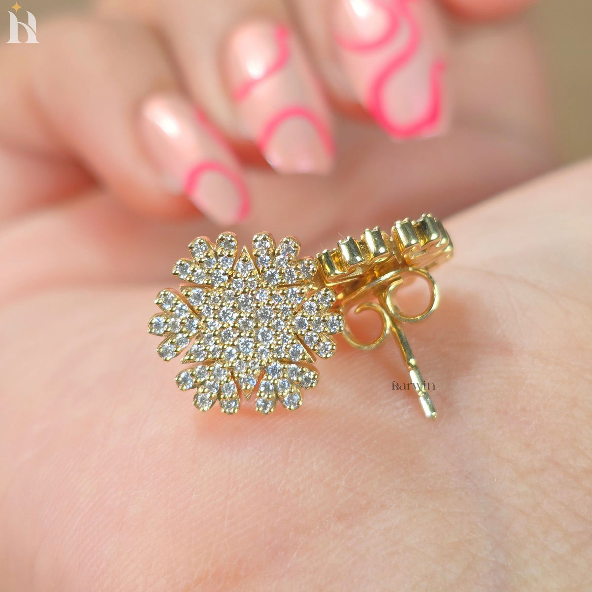 Round Cut Diamond Floral Cluster Stud Earrings, Sunburst Moissanite Flower Earrings