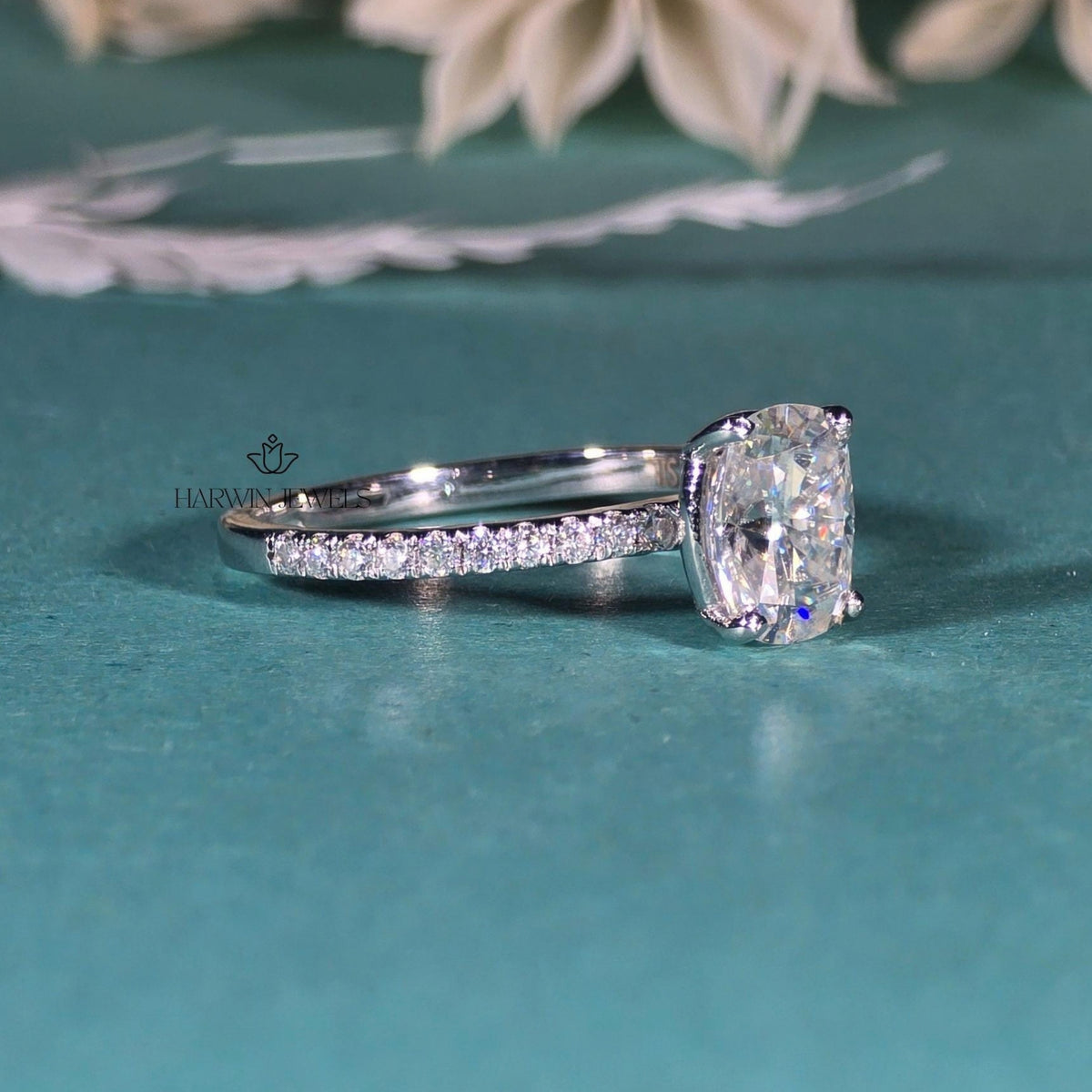3 CT Cushion Cut Moissanite Engagement Ring, Half Pave Set And Hidden Halo Ring