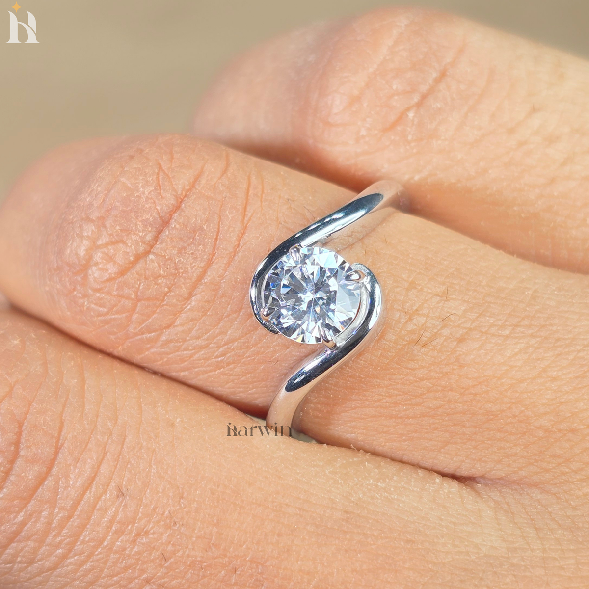Round Cut Moissanite Solitaire Ring, Bypass Shank & Prong Set, Minimal Gold Ring