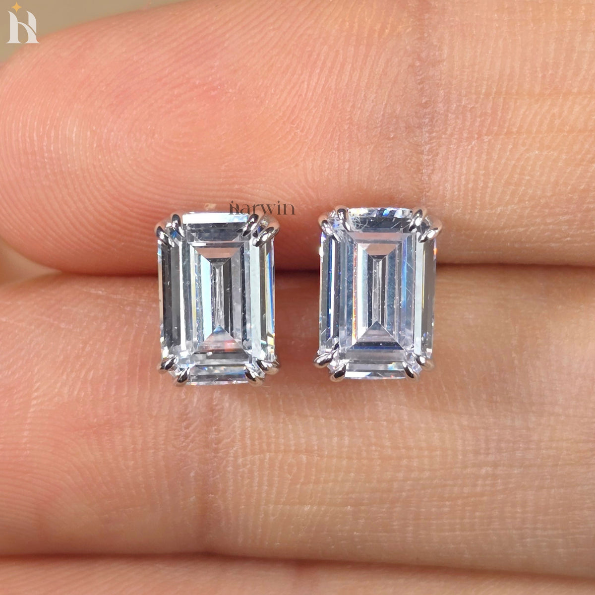 4 TCW Emerald Cut Moissanite Earrings, Double Prong Set Solitaire Minimal Studs