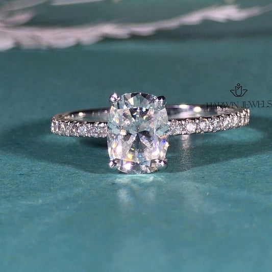 3 CT Cushion Cut Moissanite Engagement Ring, Half Pave Set And Hidden Halo Ring