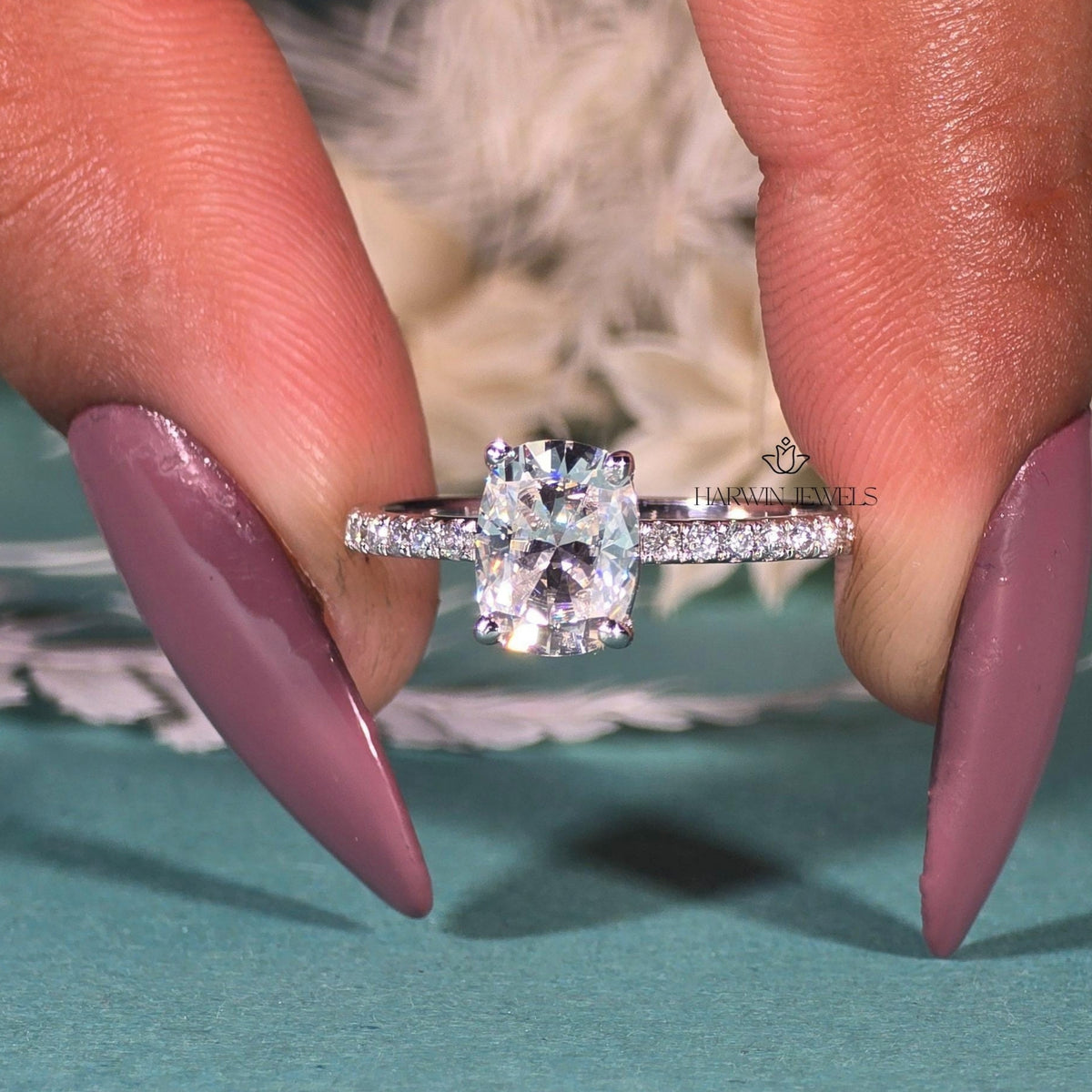 3 CT Cushion Cut Moissanite Engagement Ring, Half Pave Set And Hidden Halo Ring