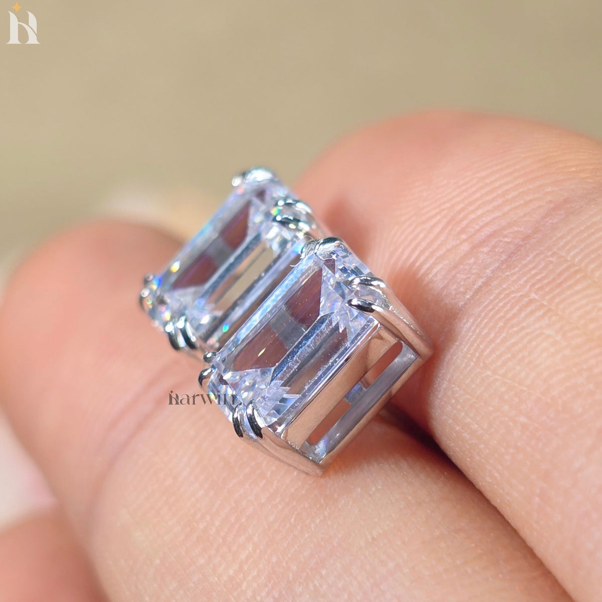 4 TCW Emerald Cut Moissanite Earrings, Double Prong Set Solitaire Minimal Studs