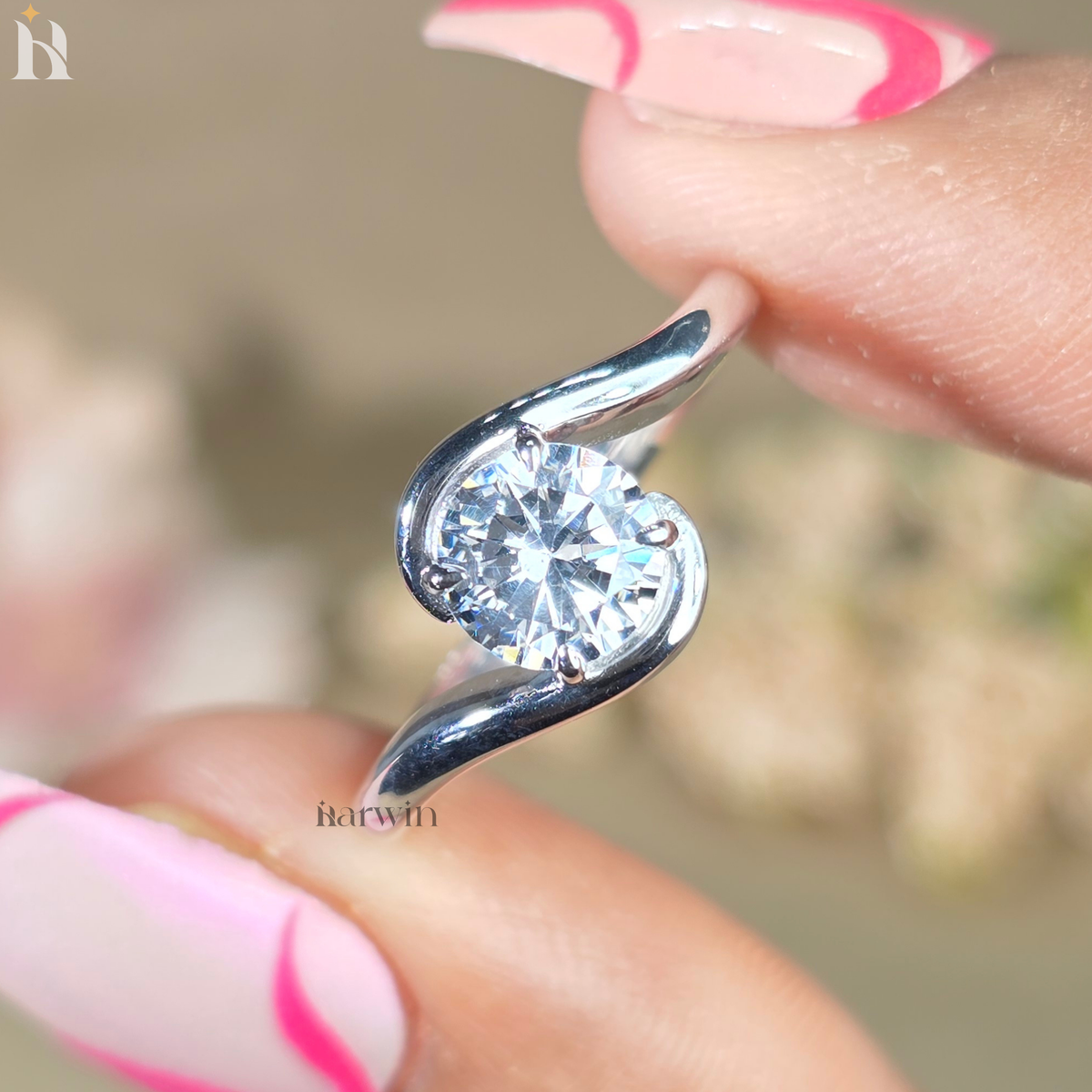 Round Cut Moissanite Solitaire Ring, Bypass Shank & Prong Set, Minimal Gold Ring