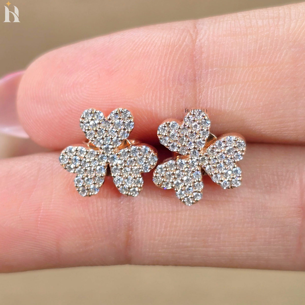 Heart Shape Floral Moissanite Stud Earrings, Pave Rose Gold Jewelry for Her