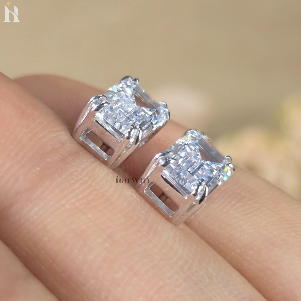 4 TCW Emerald Cut Moissanite Earrings, Double Prong Set Solitaire Minimal Studs