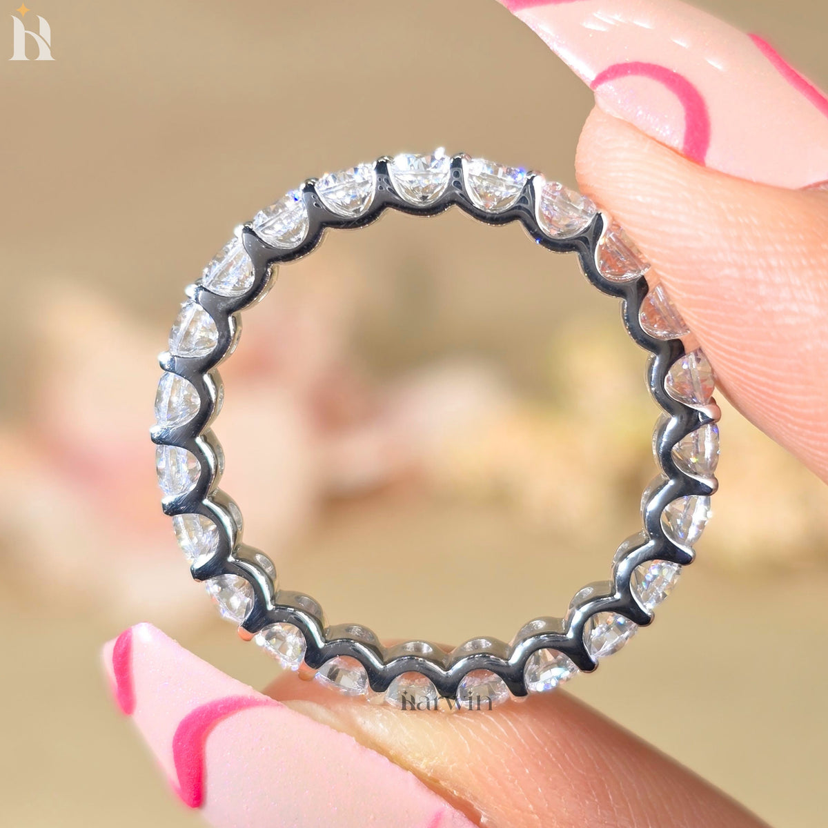 3MM Round Moissanite Prong Wedding Band, 14K White Gold Full Eternity Band