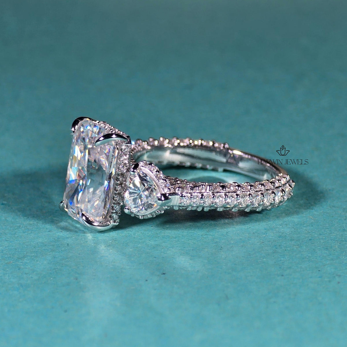 4.50 CT Radiant Cut Side Stone Heart Moissanite Three Stone Ring, Pave Setting Band