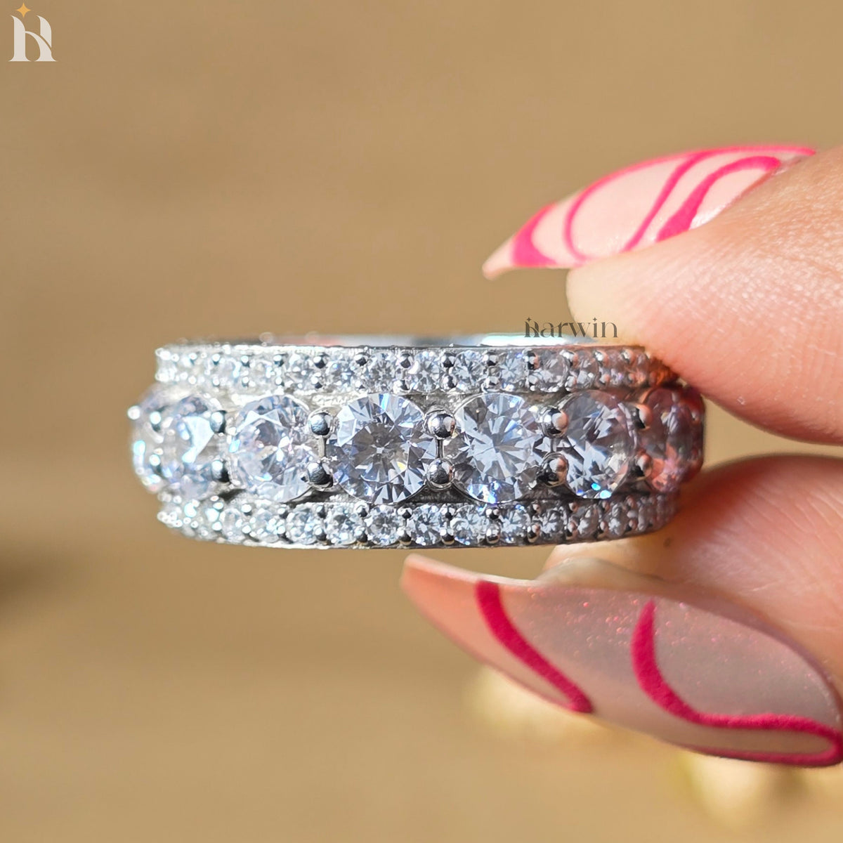 Round Cut Pave Eternity Band, Triple Row Diamond Ring, 4MM Moissanite Wedding Band