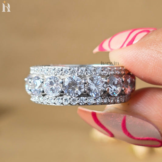 Round Cut Pave Eternity Band, Triple Row Diamond Ring, 4MM Moissanite Wedding Band