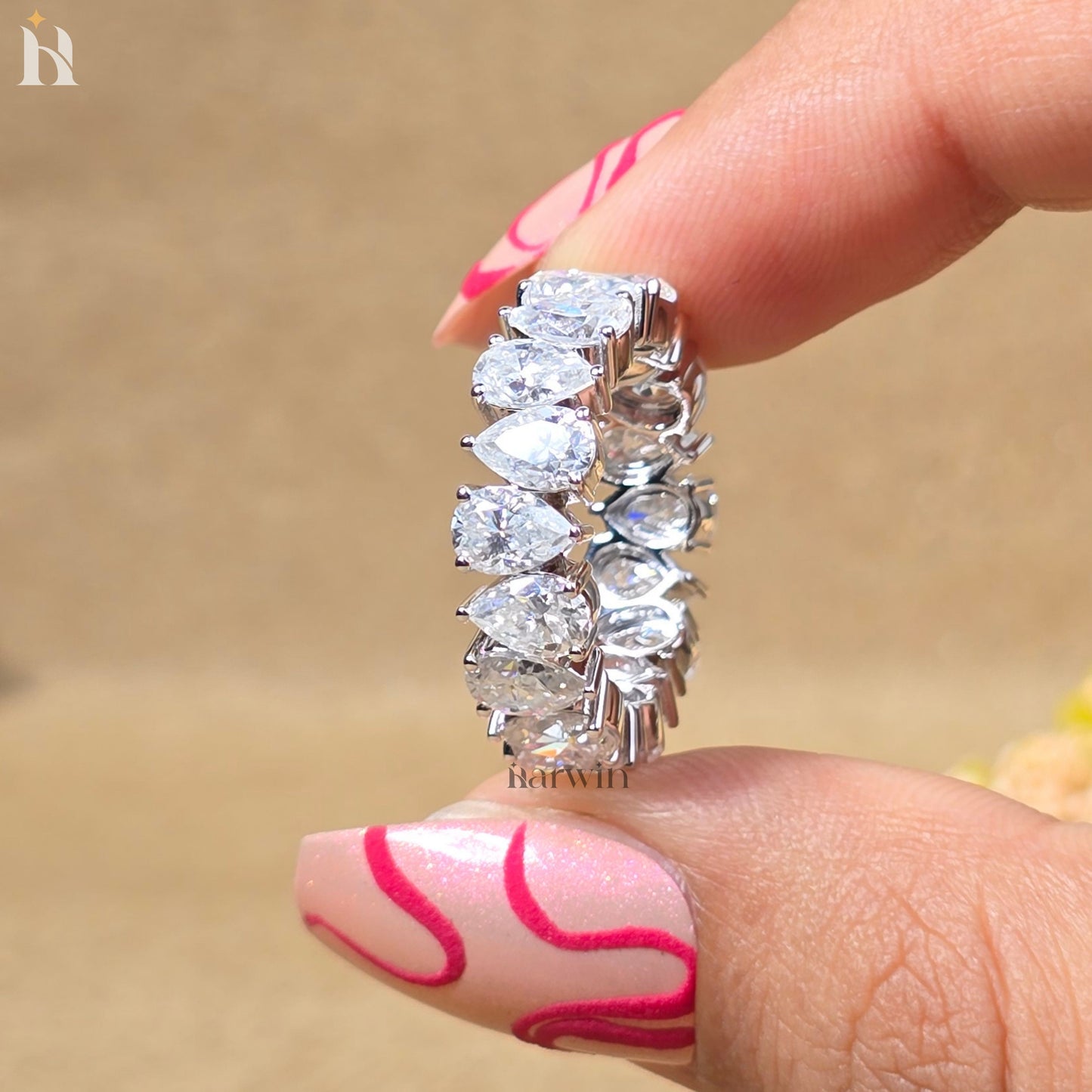 Pear Cut Moissanite Full Eternity Band Teardrop Anniversary Band White Gold Stackable Bridal Ring