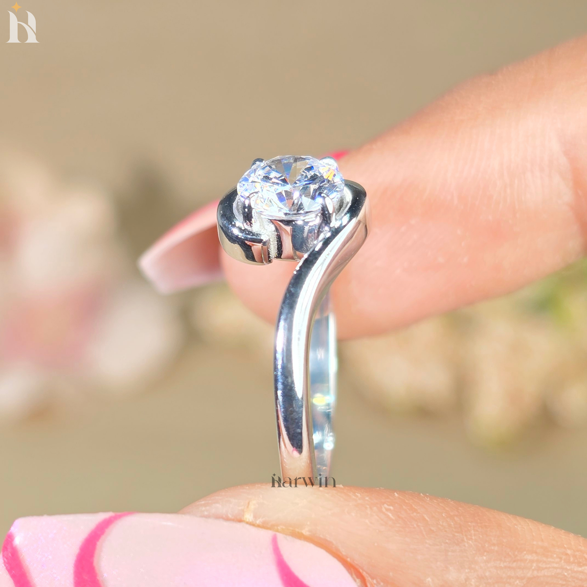 Round Cut Moissanite Solitaire Ring, Bypass Shank & Prong Set, Minimal Gold Ring