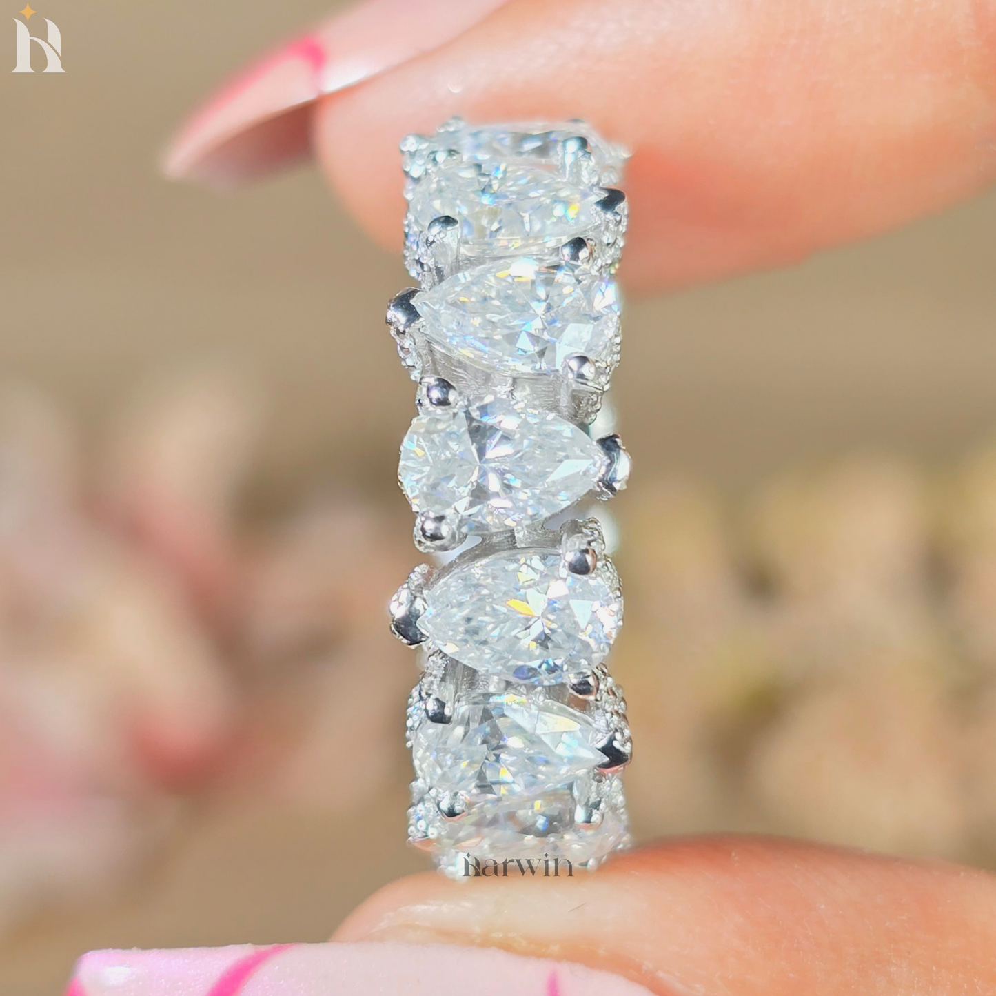 Pear Shape Eternity Moissanite Band, Gold Stackable Bridal Ring