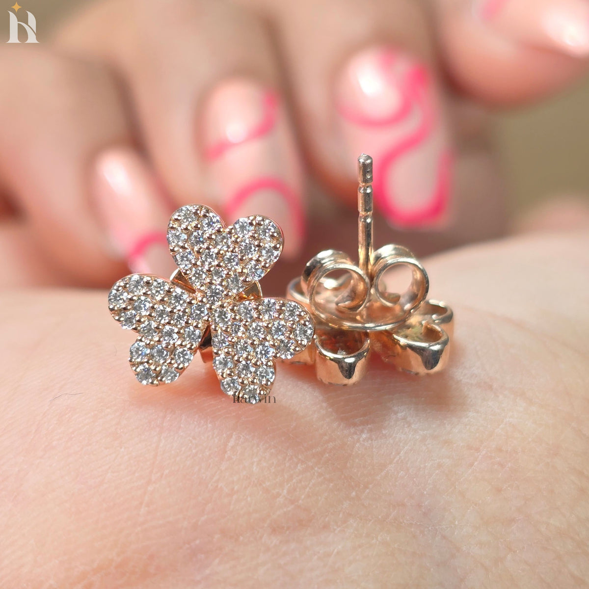 Heart Shape Floral Moissanite Stud Earrings, Pave Rose Gold Jewelry for Her