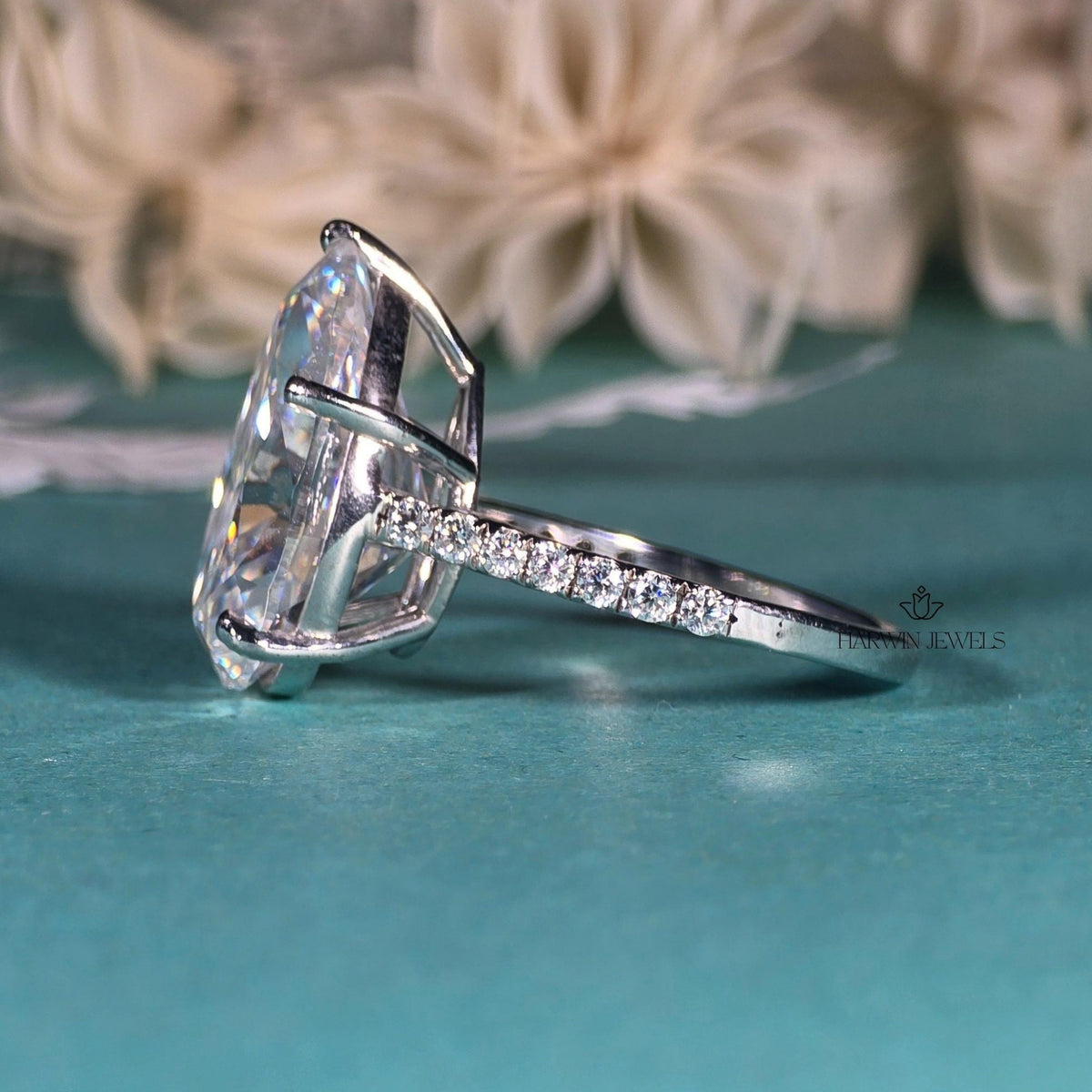 5 CT Pear Cut Moissanite Engagement Ring, Hidden Halo, Pave Setting, Proposal Ring