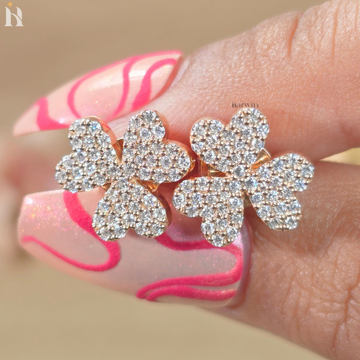 Heart Shape Floral Moissanite Stud Earrings, Pave Rose Gold Jewelry for Her