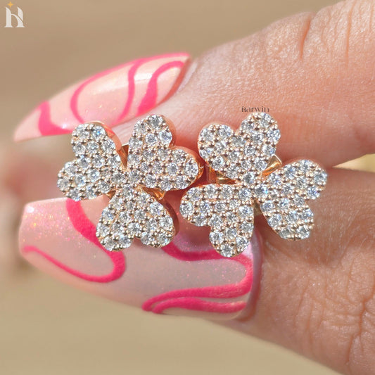 Heart Shape Floral Moissanite Stud Earrings, Pave Rose Gold Jewelry for Her