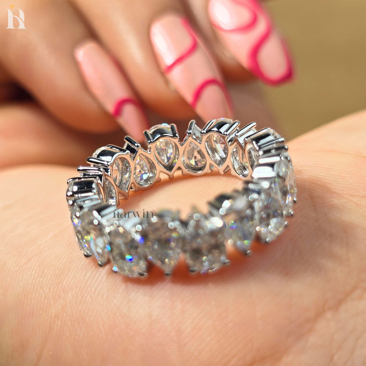 Pear Cut Lab Grown Diamond Full Eternity Band Teardrop Anniversary Band Gold Stackable Bridal Ring