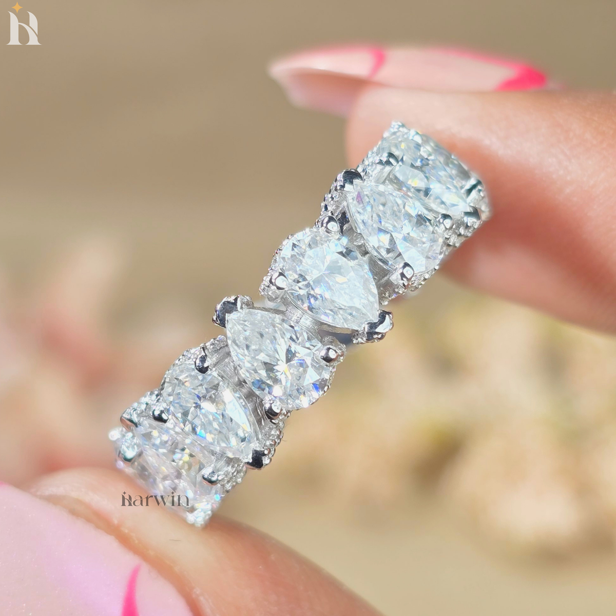 Pear Shape Eternity Ring, Full Circle Pear Moissanite Band, Luxury Statement Wedding Band, Gold Stackable Bridal Ring