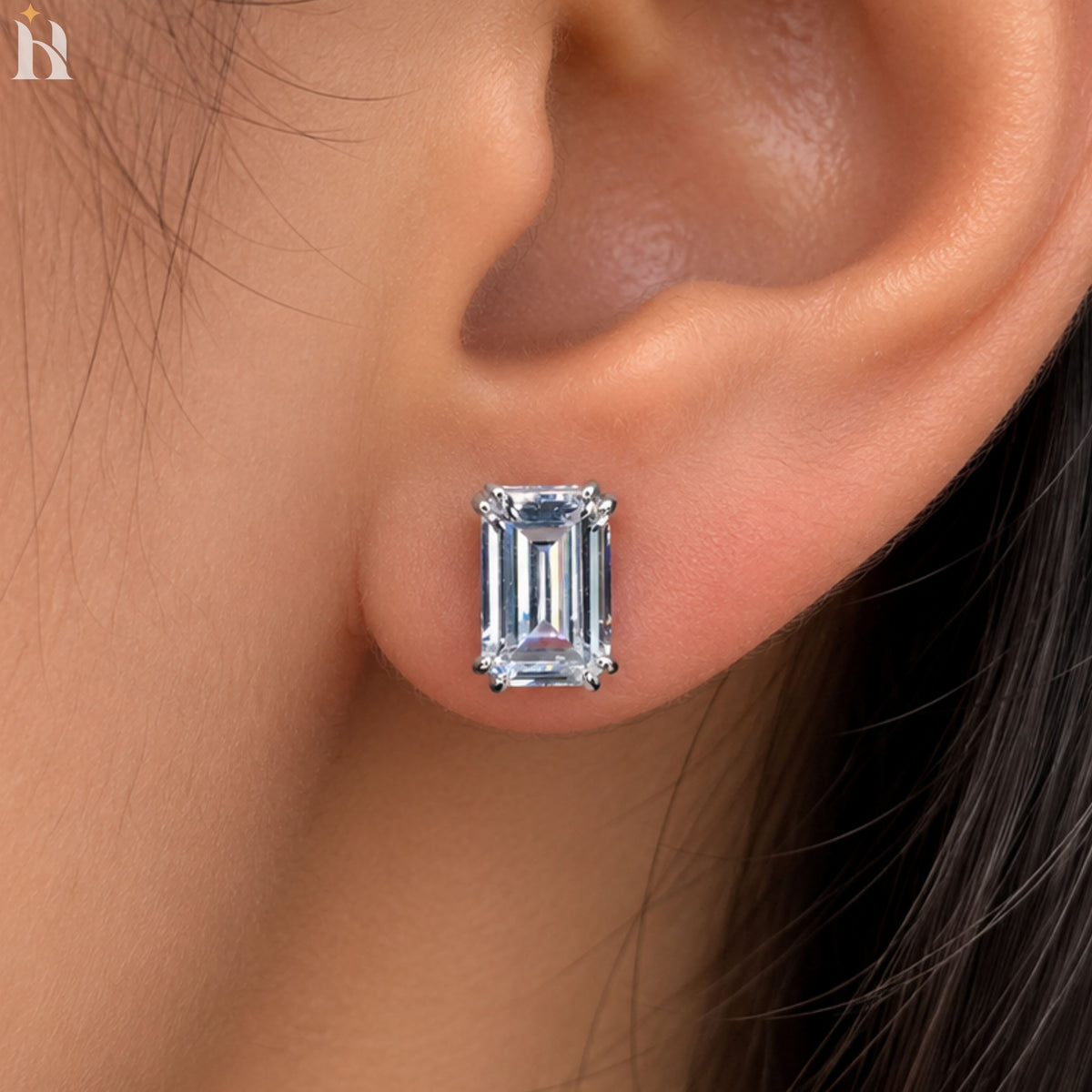 4 TCW Emerald Cut Moissanite Earrings, Double Prong Set Solitaire Minimal Studs