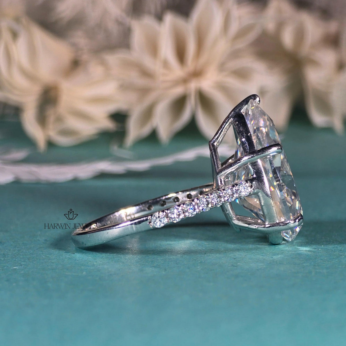 5 CT Pear Cut Moissanite Engagement Ring, Hidden Halo, Pave Setting, Proposal Ring