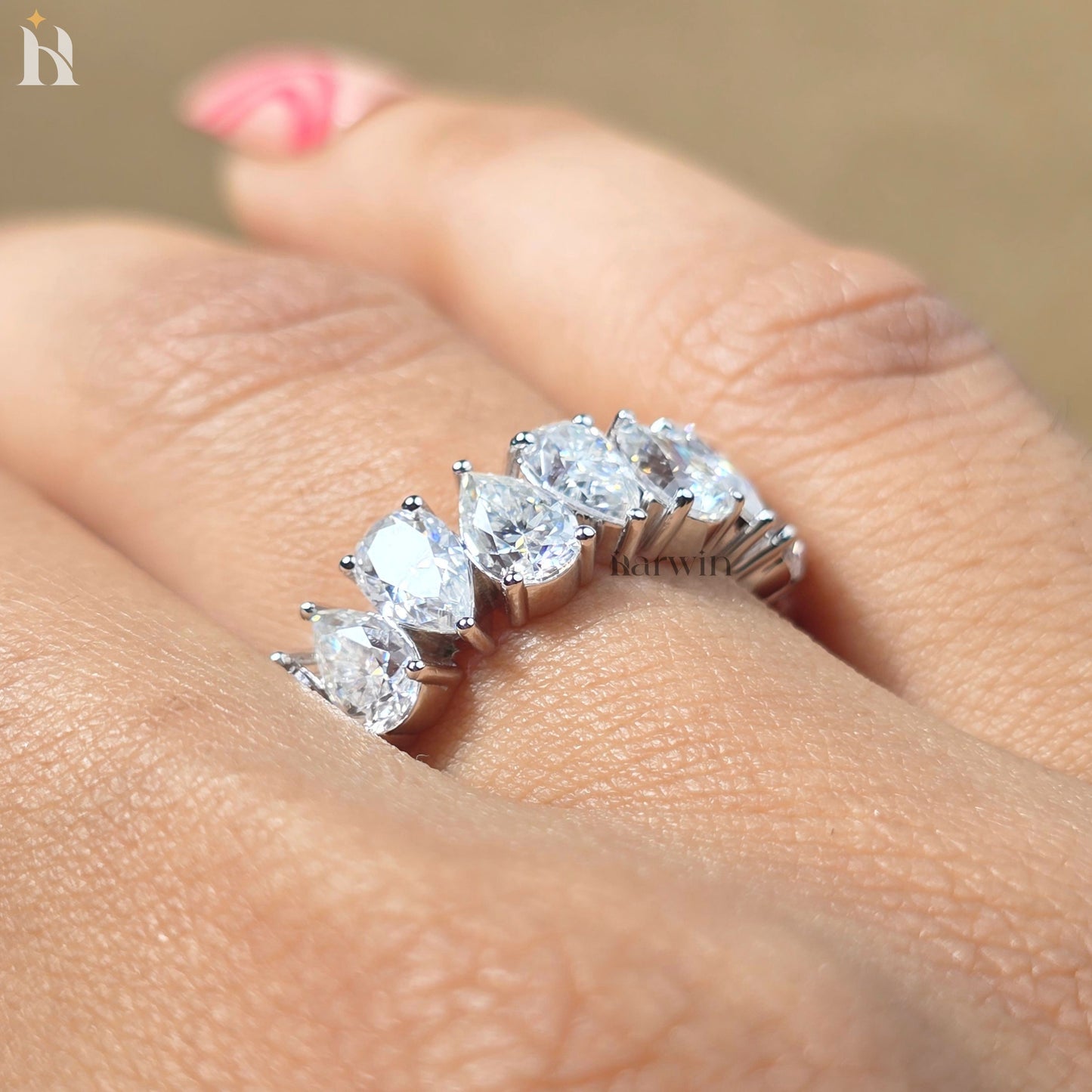 Pear Cut Moissanite Full Eternity Band Teardrop Anniversary Band White Gold Stackable Bridal Ring