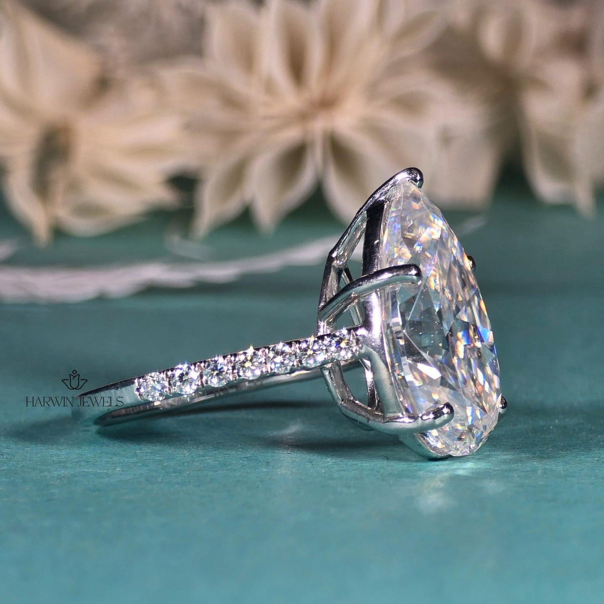 5 CT Pear Cut Moissanite Engagement Ring, Hidden Halo, Pave Setting, Proposal Ring