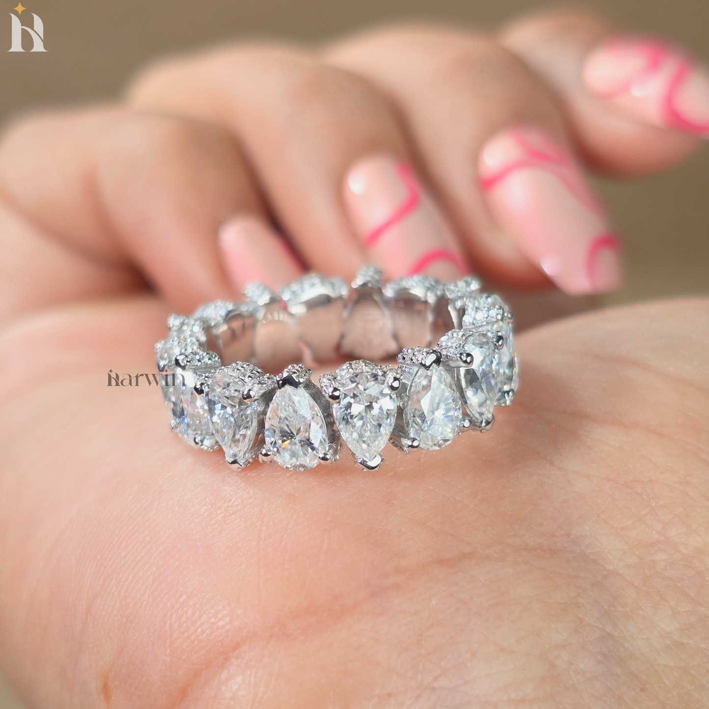 Pear Shape Eternity Moissanite Band, Gold Stackable Bridal Ring