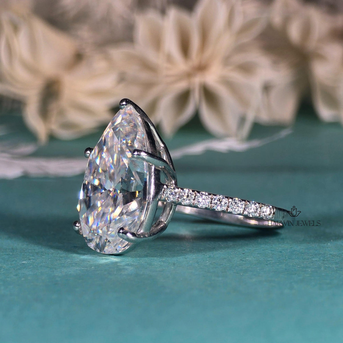 5 CT Pear Cut Moissanite Engagement Ring, Hidden Halo, Pave Setting, Proposal Ring