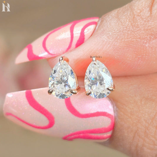 Pear Cut Moissanite Diamond, Prongs Setting Studs Tear Drop Studs Minimalist Dainty Earrings