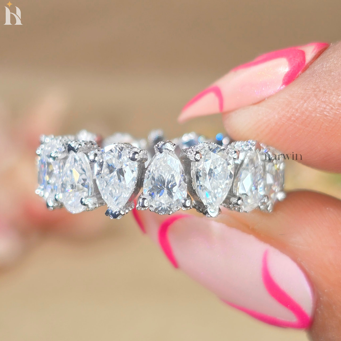 Pear Shape Eternity Moissanite Band, Gold Stackable Bridal Ring