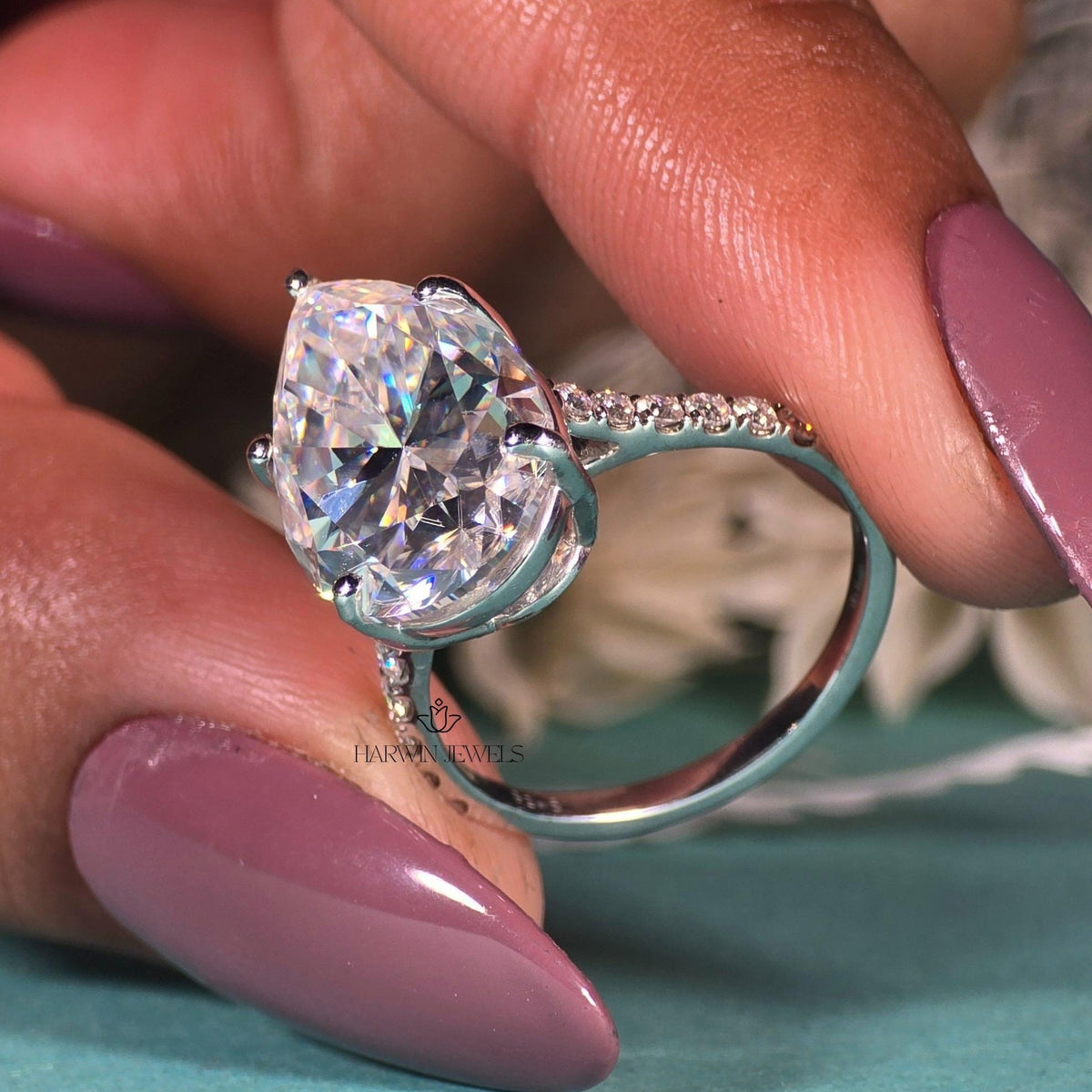 5 CT Pear Cut Moissanite Engagement Ring, Hidden Halo, Pave Setting, Proposal Ring