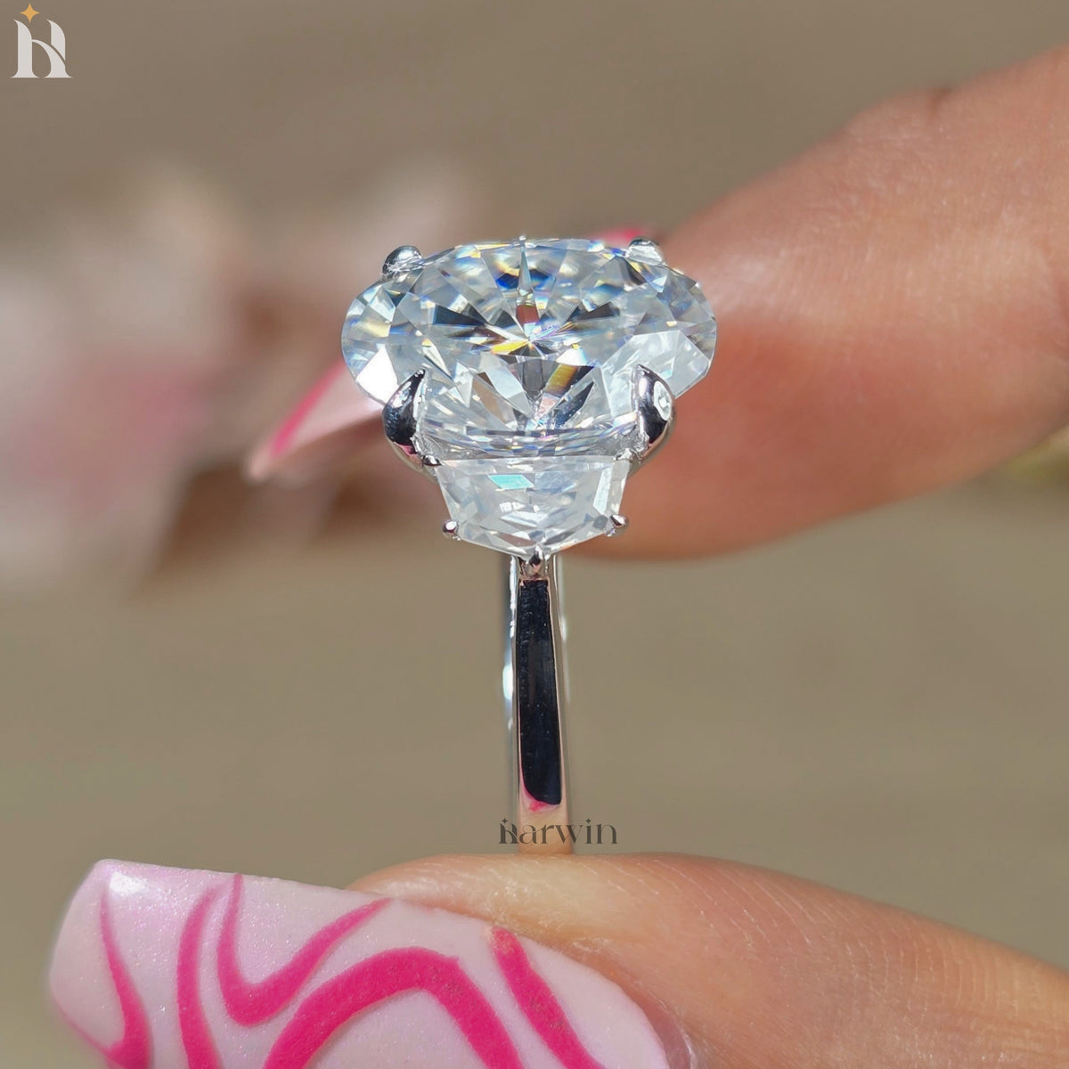 Art Deco 4CT Oval Moissanite Engagement Ring, 14k Gold Cadillac Trilogy Ring