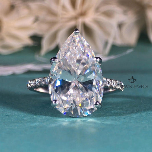 5 CT Pear Cut Moissanite Engagement Ring, Hidden Halo, Pave Setting, Proposal Ring