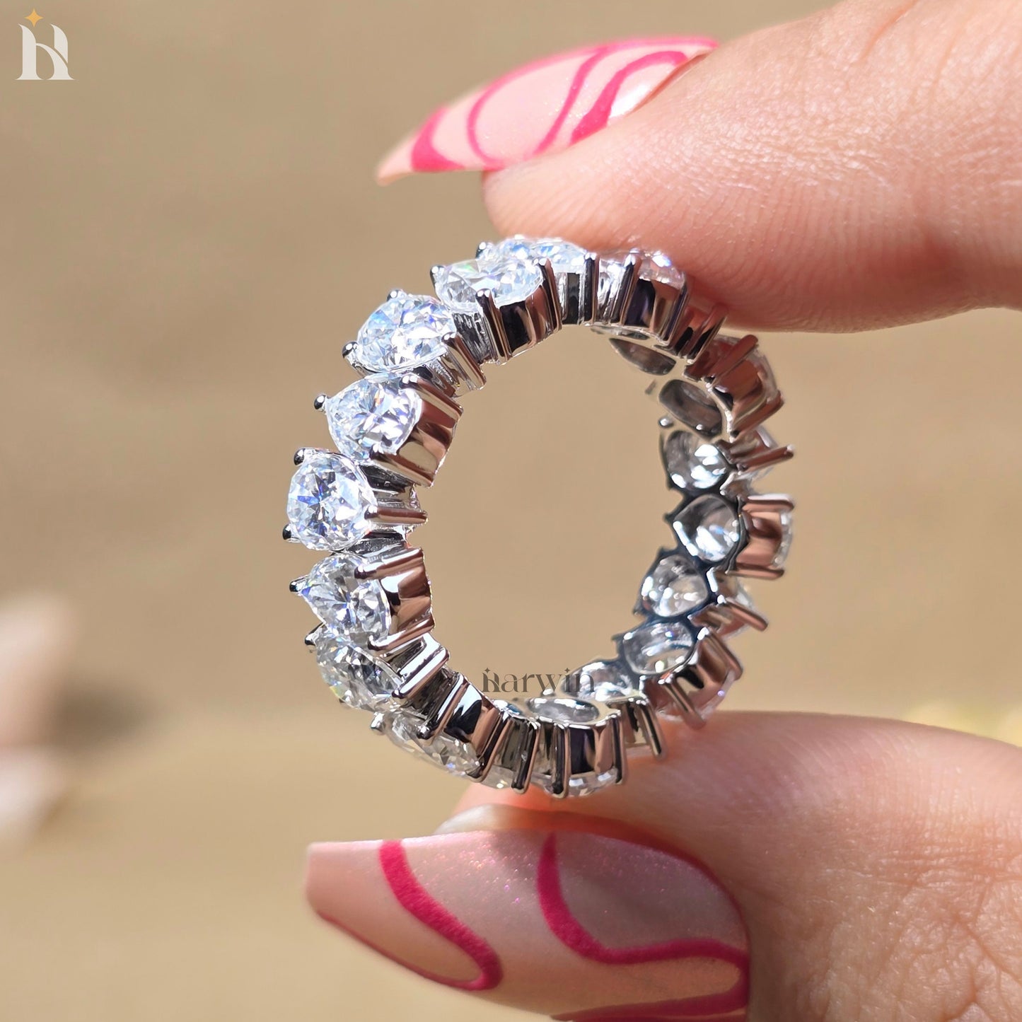 Pear Cut Moissanite Full Eternity Band Teardrop Anniversary Band White Gold Stackable Bridal Ring