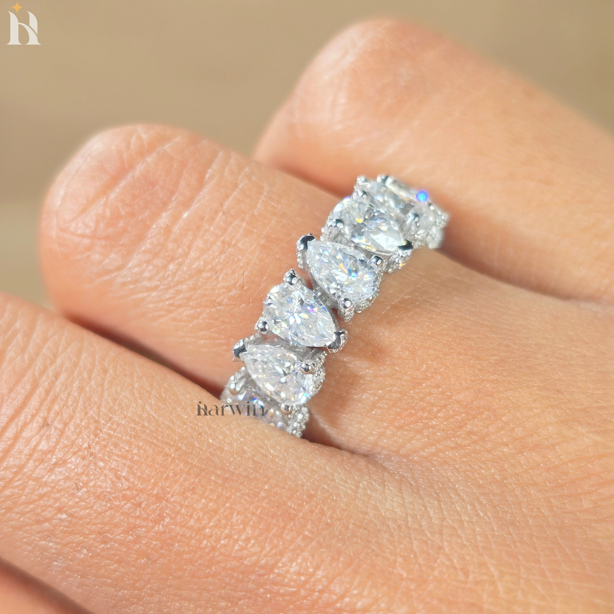 Pear Shape Eternity Ring, Full Circle Pear Moissanite Band, Luxury Statement Wedding Band, Gold Stackable Bridal Ring