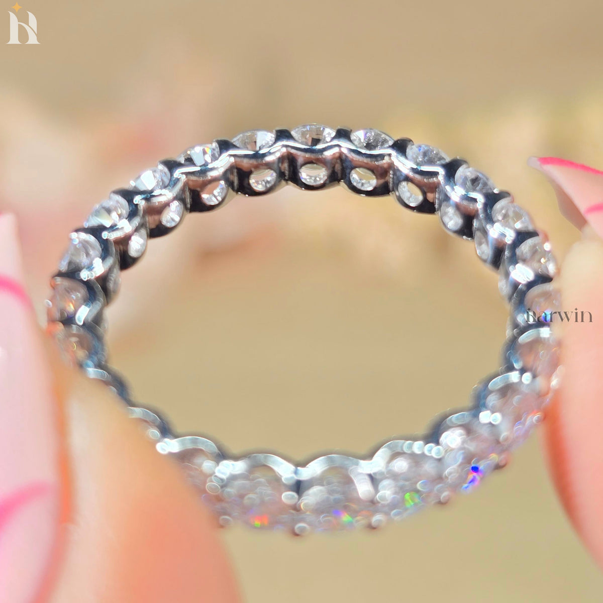 3MM Round Moissanite Prong Wedding Band, 14K White Gold Full Eternity Band