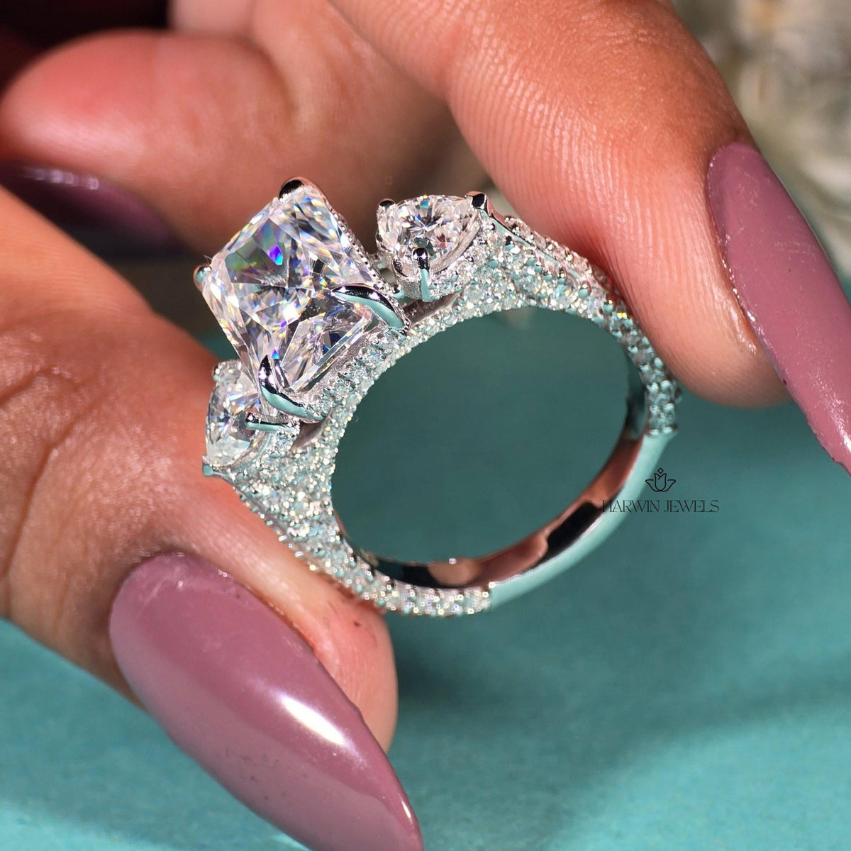 4.50 CT Radiant Cut Side Stone Heart Moissanite Three Stone Ring, Pave Setting Band