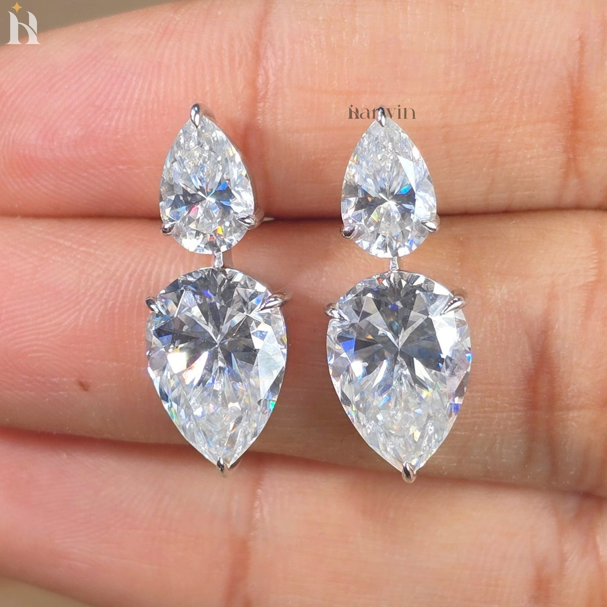 Pear Cut Moissanite Dangle Earrings, 14K White Gold Teardrop Bridal Jewelry