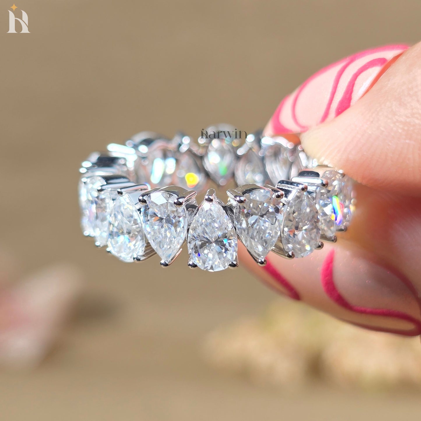 Pear Cut Moissanite Full Eternity Band Teardrop Anniversary Band White Gold Stackable Bridal Ring