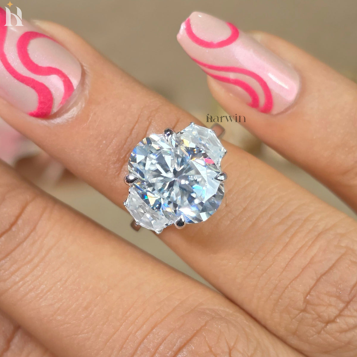 Art Deco 4CT Oval Moissanite Engagement Ring, 14k Gold Cadillac Trilogy Ring