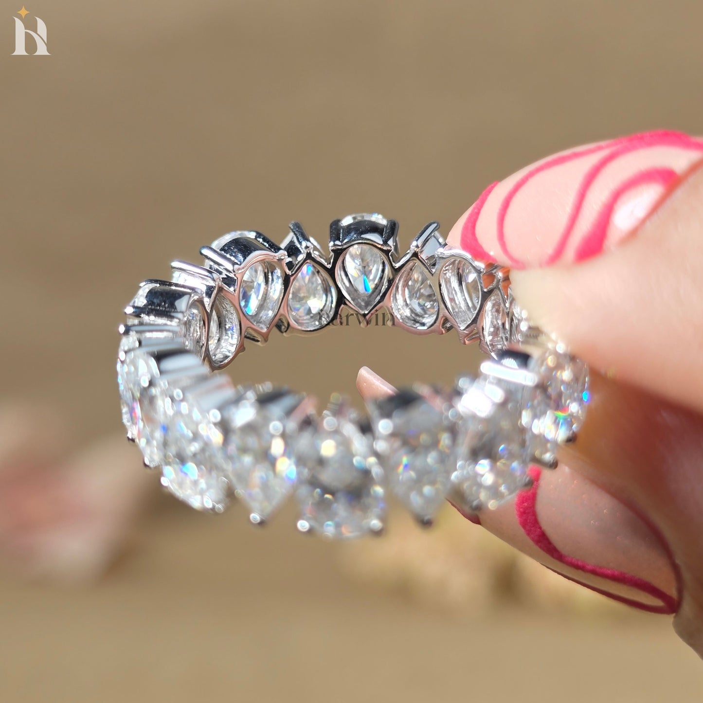 Pear Cut Moissanite Full Eternity Band Teardrop Anniversary Band White Gold Stackable Bridal Ring
