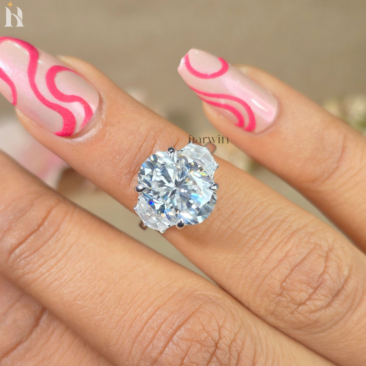Art Deco 4CT Oval Moissanite Engagement Ring, 14k Gold Cadillac Trilogy Ring