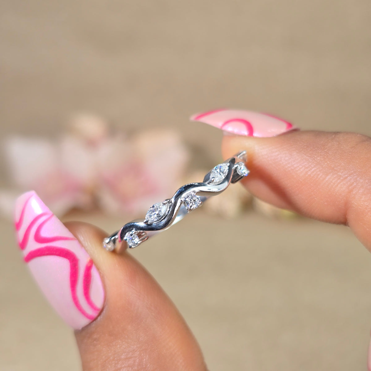 Moissanite Half Eternity Wedding Band Twisted Vine Marquise Round White Gold Stackable Ring