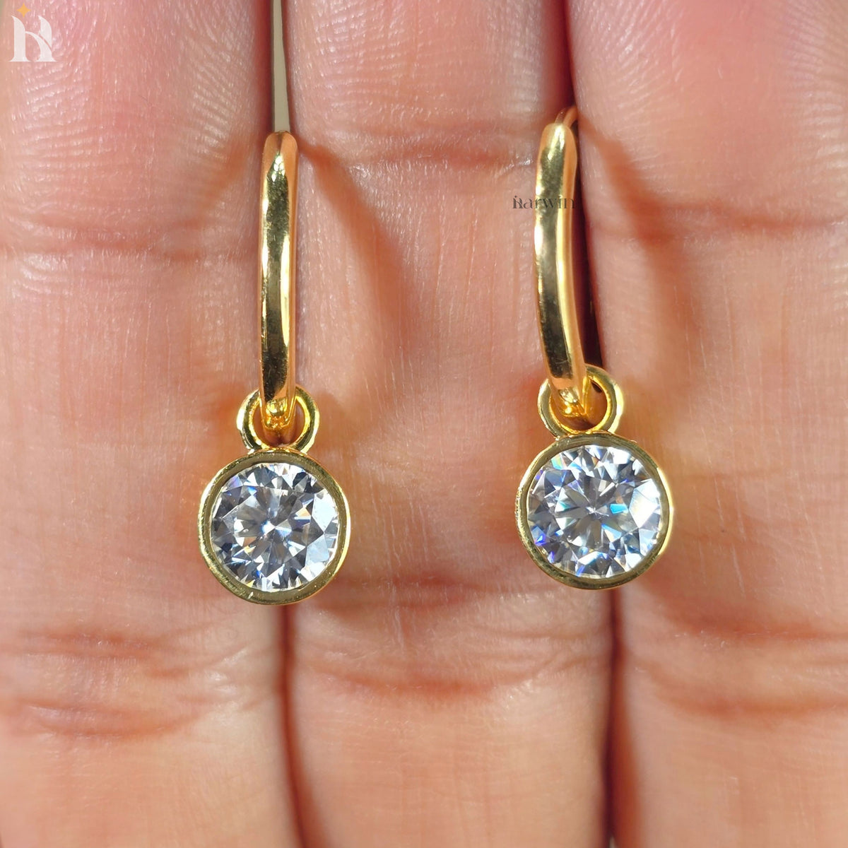 Round Cut Bezel Set Earrings, 14K Solid Gold Moissanite Diamond Dangle Hoop Earrings